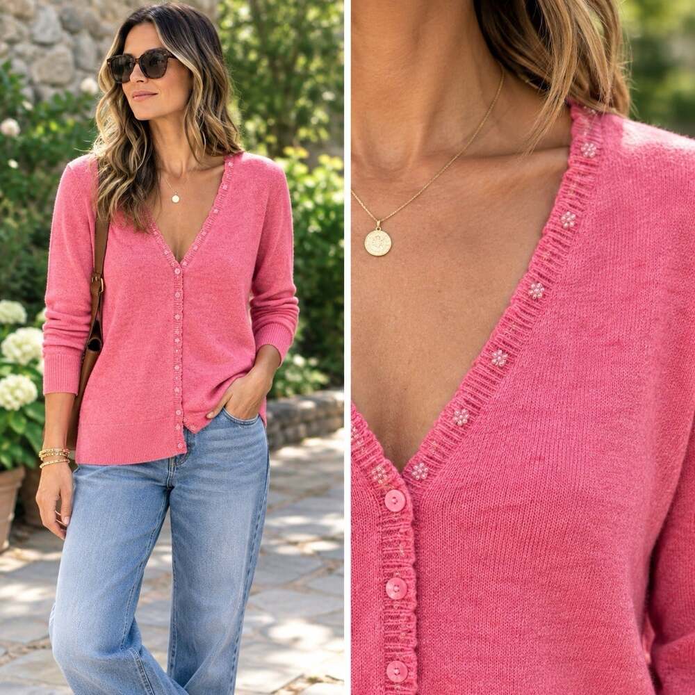 Vtg Y2K sz XL Pink Angora Blend Perfect Fit Cardigan Sweater Beaded 3/4 Sleeve